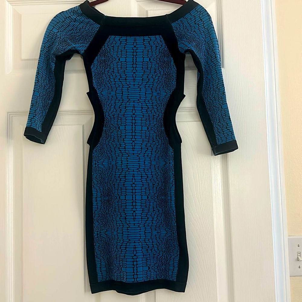 Blue and black print cutout mini dress from Bebe